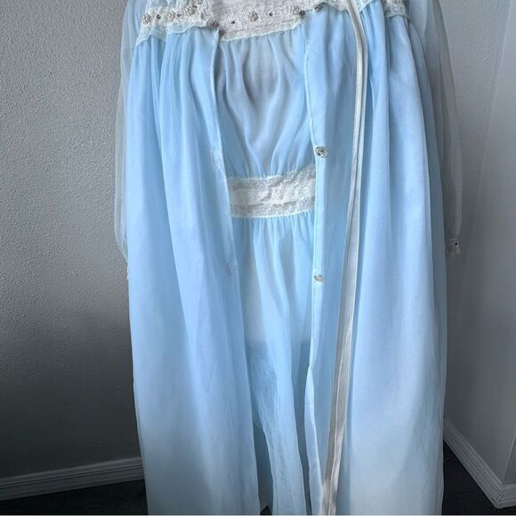 Tula Vintage 1940's Two Piece Set Nightgown Robe Blue Romantic Retro Lace Beaded - Picture 7 of 15